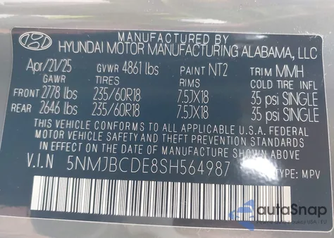 2025 Hyundai Tucson Sel z USA, uszkodzony, nr VIN 5NMJBCDE8SH564987